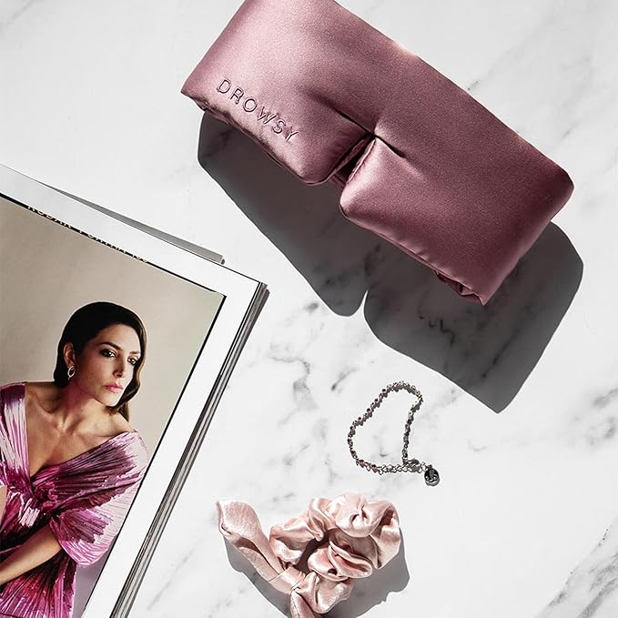 DROWSY Silk Sleep Mask Set - Face-Hugging, Padded Silk Cocoon for Luxury Sleep in Total Darkness - Eye Masks for Sleeping & Travel, 100% Pure Mulberry Silk, Adjustable - Blue & Rose (Set of 2)