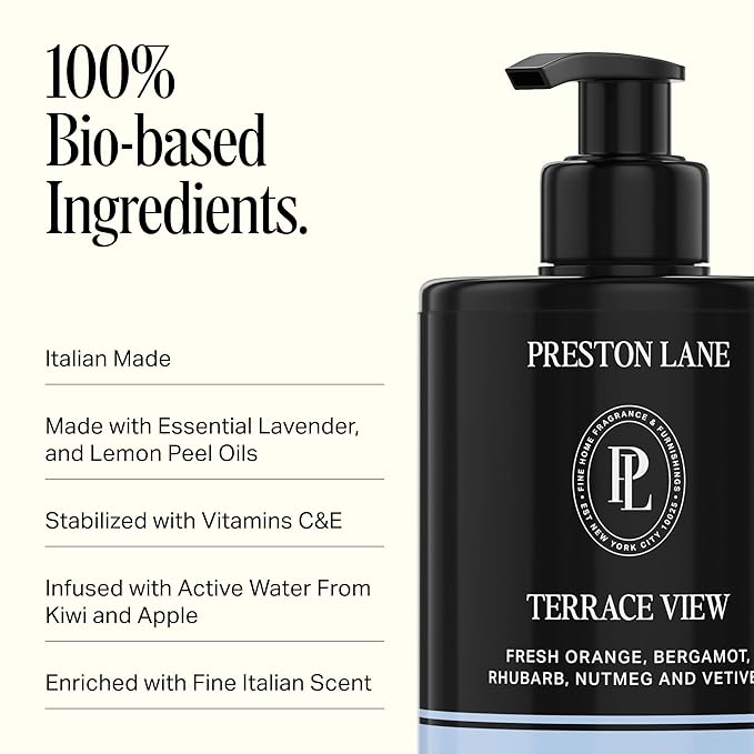 Preston Lane Luxury Hand Cream, Terrace View Scent, Made in Italy | Hydrating Formula with Tea Tree, Lavender & Lemon Essential Oils, Hyaluronic Acid, Vitamins C & E, and Kiwi & Apple Water
