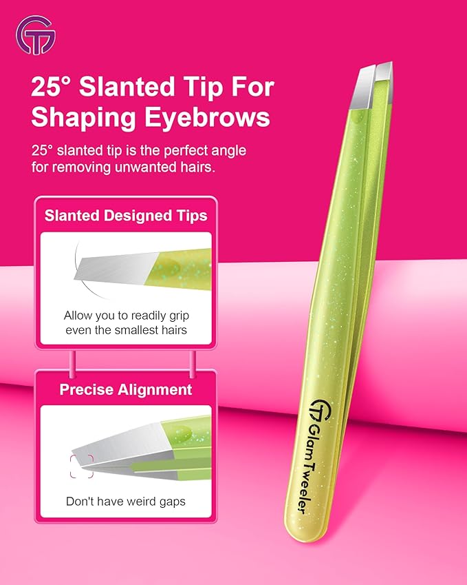 Expert Slant and Point Tip Tweezer Set with Exclusive Storage & Carrying Case, GlamTweeler Sharp & Precision Tweezer Set for Eyebrows, Facial Hairs & Fine Hairs Removal (Sparkle Apple Green + Silver)