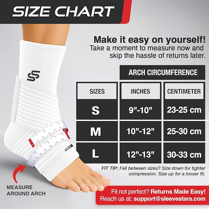 Sleeve Stars Ankle Brace for Women & Men, Ankle Wrap for Sprained Ankle, Compression Sleeve for Plantar Fasciitis Relief, Easy Customizable Support: w/Removable Strap (Single/S:9"-10"/White)