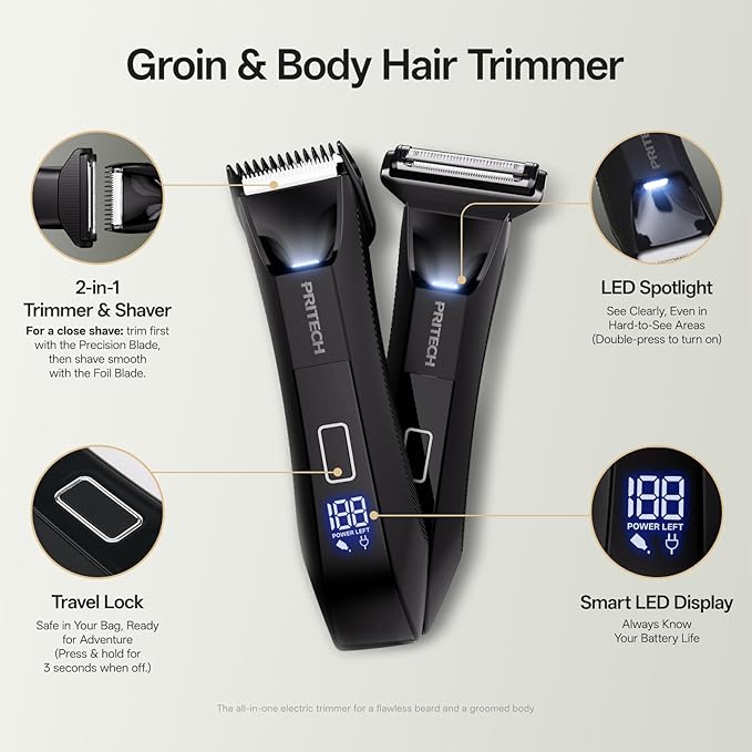 PRITECH Body Trimmer for Men,Body Hair Trimmer & Electric Razor for Pubic,Groin,Chest,Back,Balls,Waterproof Men's Groomer with 2 in 1 Ceramic & Foil Blades for Sensitive Areas,Cordless & Rechargeable