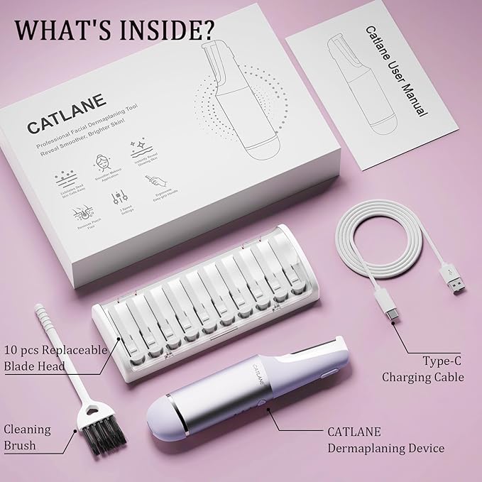 Dermaplane Razor for Women Face, Dermaplaning Tool for Face, Sonic Exfoliation & Peach Fuzz-Hair Removal System with 10 Dermaplaning Blades, Twilight Purple