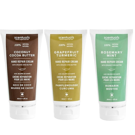 Scentuals Hand Cream Set of 3, with Shea Butter, Cocoa Butter, Argan & Almond oil, Moisturizing Dry Hands, (Grapefruit Turmeric + Rosemary Mint + Coconut Cocoa Butter) 60 ml (2 fl.oz.) x 3