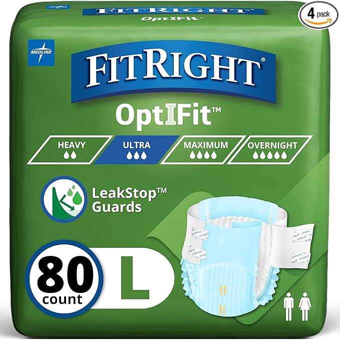 FitRight Adult Diapers, Ultra Heavy Absorbency, L (Waist Size 44in-56in), 80 Count, OptiFit Incontinence Briefs for Men and Women, Disposable, Moisture-Wicking, Leak Protection,
