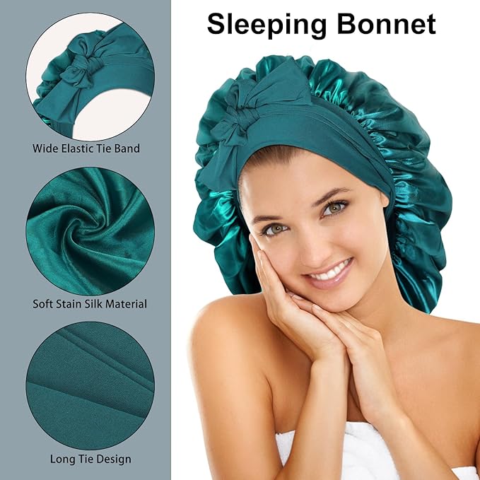 Arqumi 2 Pcs Satin Silk Bonnet for Sleeping Women, Large Long Strap Tie Band Adjustable Sleep Night Cap Hair Bonnet Wrap for Men, Black+Dark Green