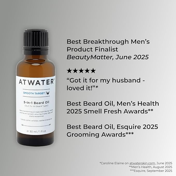 ATWATER Smooth Target 5-in-1 Beard Oil, Men's Beard Conditioner with Argan Oil and Lavender, Hydrates and Softens Facial Hair - 2 oz