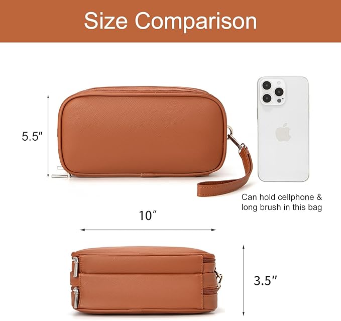 Makeup Bag for Women, Wide-open Makeup Organizer with Makeup Brush Holder, Waterproof Cosmetic Bag with Compartment, Portable Travel-Size Toiletry Bag for Traveling, Large Make Up Bag (Brown)