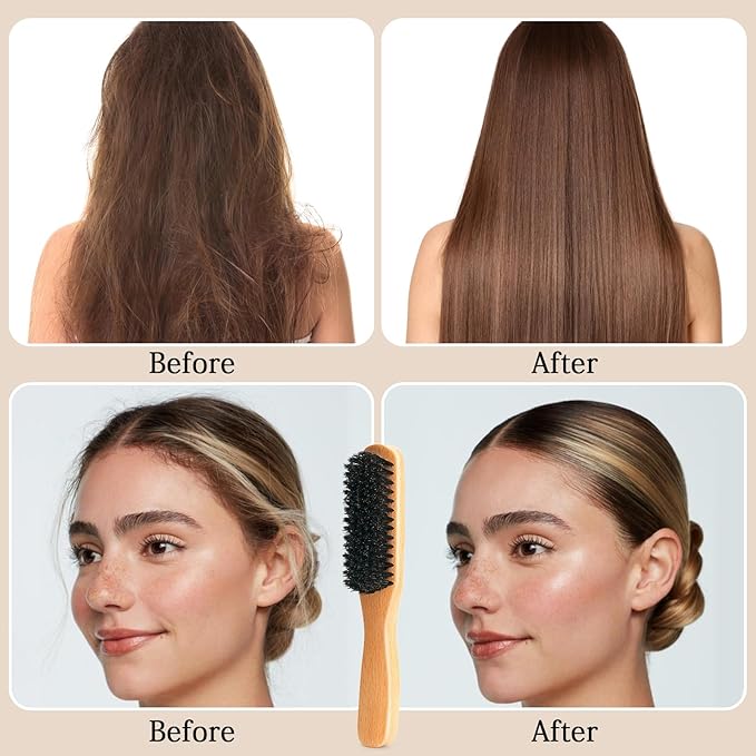 Boar Bristle Slick Back Hair Brush for Smooth Flyaways, Frizz, Sleek Ponytail, Buns and Edge Baby Hair, Teasing | Hair Comb, Edge Brush, Teasing Brush Styling Accessories for Girls, Kids, Women & Men