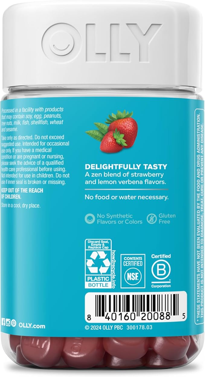 OLLY Goodbye Stress Gummy, GABA, L-Theanine, Lemon Balm, Stress Relief Supplement, Berry - 60 Count