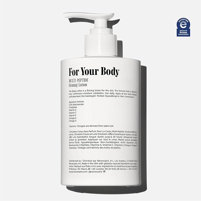 Nécessaire The Body Lotion - Fragrance-Free - Multi-Peptide Moisturizer - Firming Body Lotion for Women + Men. 2.5% Niacinamide. Non-Comedogenic + Hypoallergenic for Sensitive Skin – 450ml/15.2 fl oz