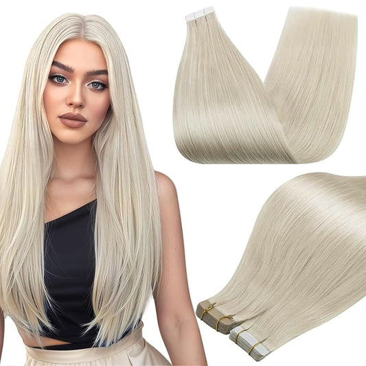 Full Shine Invisible Tape in Hair Extensions Human Hair White Blonde Human Hair Extensions Tape in 20Inch Adhesive Double Sided Extenison Seamless Skin Weft 50G 20Pcs Daily Office Look