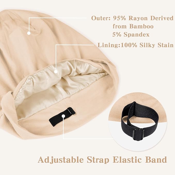Fittia Satin Hair Bonnet for Sleeping, Silky No Frizzy for Curls Care, Adjustable Strap for Non-Slip, Dreadlocks Cap for Women&Men Taupe