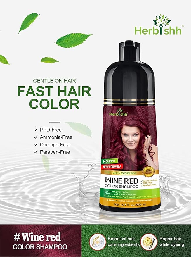 Herbishh Hair Color Shampoo - Magic Dye for Gray Hair, Long Lasting Color in Minutes, 3-In-1, Ammonia-Free, 500 Ml (Wine Red)