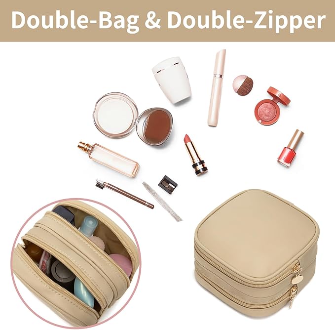 Small Makeup Pouch, Double Zipper Cosmetic Bag, Travel Makeup Bag, Cute Makeup Bag for Purse, Mini Toiletry Bag (Beige)