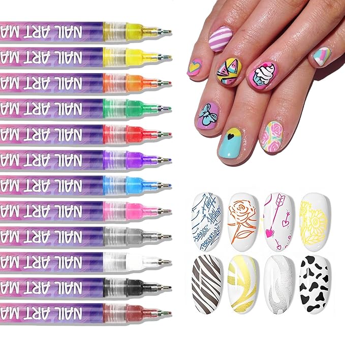 Nail Art Pens 0.5 mm Fine Tip Nail Art Markers Graffiti Dotting Nail Polish Pens 12 Colors Acrylic Paint Nail Art Pen Set for Women Girls DIY Nails Decoration Supplies