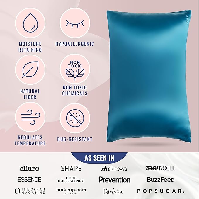 Blissy Silk Pillowcase - 100% Pure Mulberry Silk - 22 Momme 6A High-Grade Fibers - Silk Pillow Cover for Hair & Skin - Regular, Queen & King (Aqua, Queen)