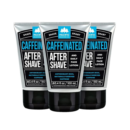 Pacific Shaving Company Caffeinated Aftershave, Men's Grooming Product - Antioxidant Daily Face Lotion + After Shave - Spearmint Post Shave Balm for Sensitive Skin (3.4 Fl Oz, 3 Pack)