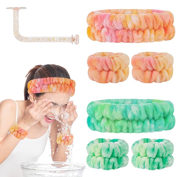 Face Wash Headband and Wristband Set of 2, Microfiber, Green and Orange, for Women, Personal Care Accessories