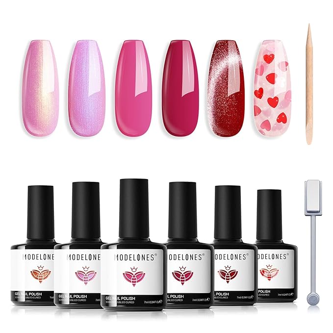 modelones Gel Nail Polish Set, 6 Colors 2026 Valentine's Day Pitaya Hot Pink Red Cat Eye Gel Polish Mermaid Pink Red Love-heart Glitter Nail Polish with Magnet & Wooden Pen Soak Off LED Manicure Gift