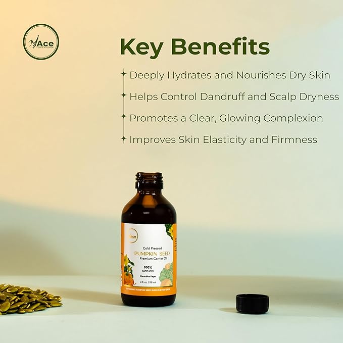 My Ace Pumpkin Seed Carrier Oil | 100% Pure Cold Pressed Unrefined Oil for Hair Growth, Skin & Face Care, Body Massage, Anti-Aging & Aromatherapy – 4 fl oz