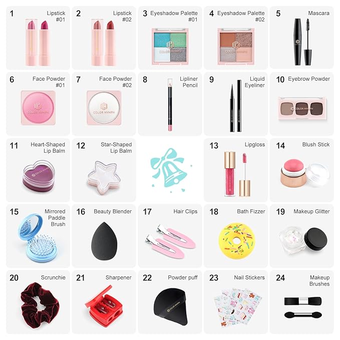 Color Nymph Kids Makeup Kit for Girl - 24 Days Beauty Mystery Box | Make Up Birthday Gift Set for Girls Ages 6-12, Makeup Gift Sets for Bday Countdown, Cosmetics Kit for Kids Teens #Mint Green