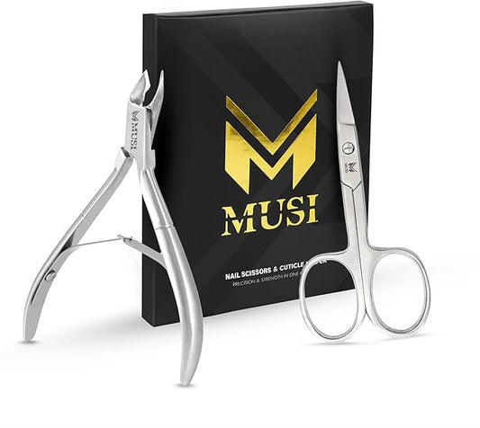 MUSI Cuticle Nipper & Curved Nail Scissors for Nail, Cuticle & Facial Hair Care – Mustache, Eyebrow, Eyelash, Ear & Nose Hair Grooming Kit for Men & Women