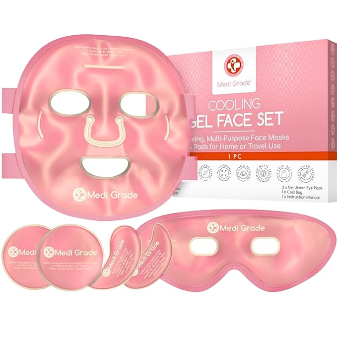 Medi Grade Cooling Ice Face Mask and Cooling Eye Mask for Puffy Eyes, Pink - Self Care Face Ice Pack with ChillGel Face Ice Mask Technology - Cooling Face Mask, Eye Pads and Bag