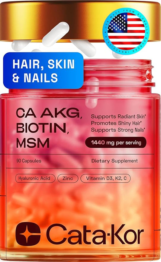 Cata-Kor Hair Skin and Nails Supplement with Biotin | Ca AKG | MSM | Hyaluronic Acid | Vitamin C & Vitamin D3 K2 – Hair Growth Supplements - Promotes Shiny Hair & Radiant Skin – 90 Capsules (1 Pack)