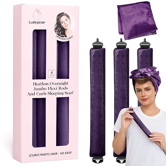 Heatless Curls Overnight Rods Jumbo Set, Heatless Hair Curler Velvet Satin Jumbo Flexi Rods to Sleep in, No Heat Overnight Sleeping Blowout Curls Wave Styling Tools with Silk Scarf 4pcs Purple