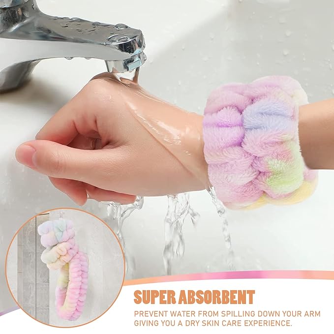 Face Wash Headband and Microfiber Wristband Set - Wrist Towels with Holder for Washing, Absorbent Spa Scrunchies