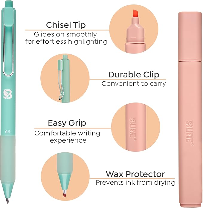 BLIEVE - Aesthetic Highlighters and Gel Pens With Soft Ink and Chisel Tip, Bible Highlighters and Pens No Bleed, Dry Fast Easy to Hold, for Bible Journaling Planner School Supplies (CANDY)