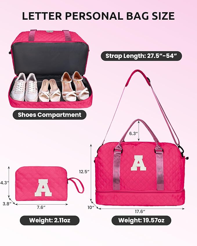 Personalized Women's Initial Travel Bag with Shoe Compartment, Hot Pink, K