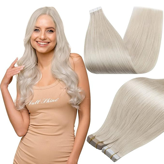 Full Shine Tape in Hair Extensions Seamless Hair Extensions Tape in Color 1000 Blonde Glue on Straight Real Remy Human Extension 30Gram 10 Inch Blonde PU Tapes Extension for Women 20Pcs Add Volume