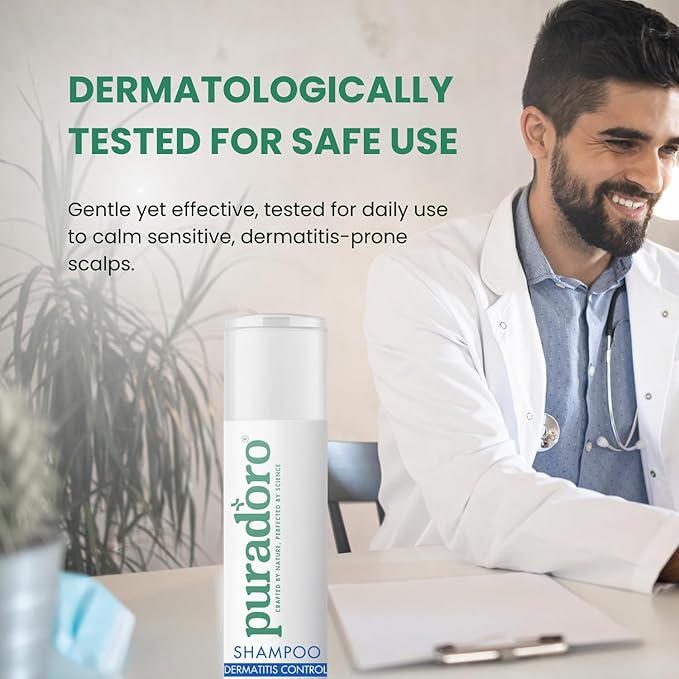 Puradoro Dermatitis Control & Healthy Roots Shampoo – Soothes Seborrheic Dermatitis, Reduces Sebum, Infused with Tea Tree, Jojoba & Chamomile, Natural Scalp Relief For Men & Women