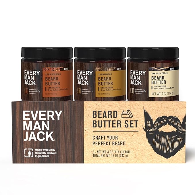 Every Man Jack Beard Butter Gift Set for Men – Full Size 3-Pack Variety with Sandalwood, Vanilla + Cedar & Aged Bourbon Scents – Naturally Derived with Shea Butter & Coconut Oil – 4 oz (3 Pack)