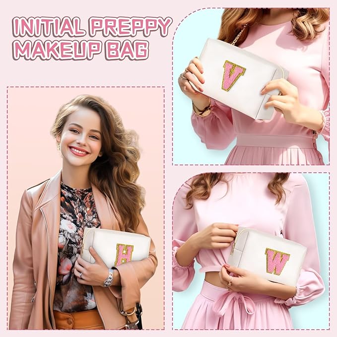 TOPEAST Preppy Small Makeup Bag, Chenille Letter Pouch Cosmetic Bag With Zipper, PU Leather Waterproof Toiletry Bag, Personalized Birthday Gift for Women, Cute Stuff for Girls (Pearly White D)