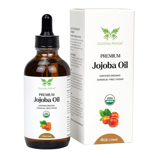 Celestial Psyché USDA Certified Organic Jojoba Oil (4 Oz) 100% Pure Natural, Chemical-Free, Hexane-Free, Hair Growth, Scalp Care, Skin Hydration, Nails Natural Beauty Enhancement, Anti-Aging