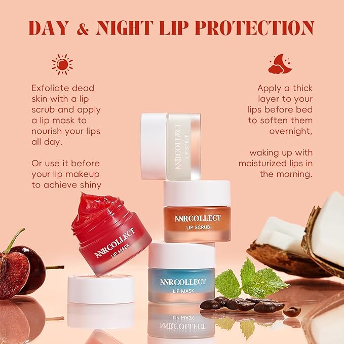 ANRCOLLECT Lip Scrub and Lip Mask Set- Lip Treatment Care Kit with 2 Lip Exfoliator Scrub & 2 Lip Butter Mask, Intense Hydration Set for Dry Chapped Cracked Lips (4 Pack), Valentines Day Gifts