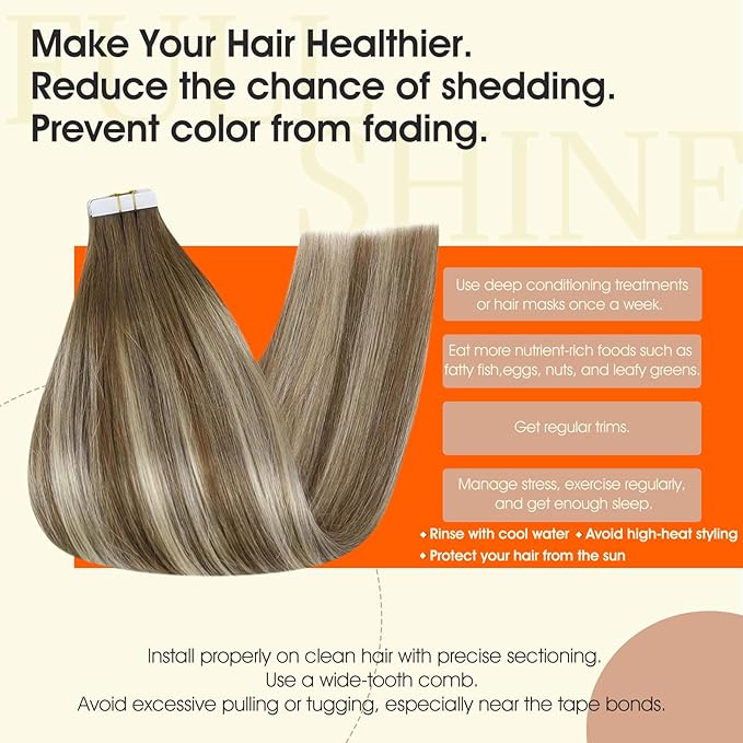 Full Shine Ombre Tape in Hair Extensions Human Hair 12Inch Seamless Tape in Extensions 6/60/6 Brown Ombre to Blonde Highlighted Light Blonde Double Sided Hair Extensions Remy Hair 30G 20pcs Natural