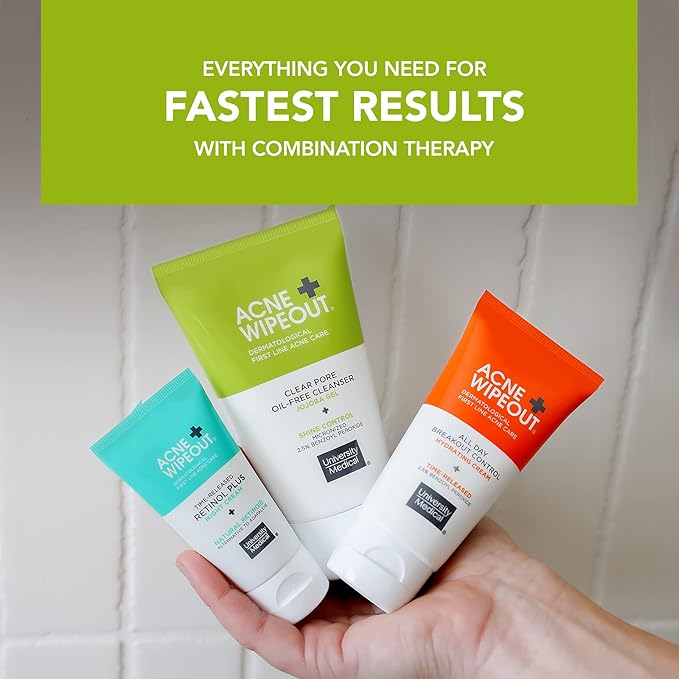 Acne Wipeout Clinical Acne System Kit - Combination Therapy Acne Treatment - Clear Pore Oil-free Cleanser, Retinol Plus Night Cream and All Day Breakout Control Acne Cream