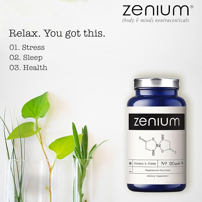 Zenium - Magnesium Glycinate for Sleep, Chelated, 600mg per Serving, 120 Capsules | High Absorption | Relieve Stress, Tension, Worry & Irritability | Calm Mind & Body | Ayurvedic | Natural Supplement