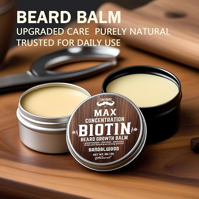 2 Pack Biotin Beard Balm Set for Men – Natural & Sandalwood Butters – Non-Itchy, Moisturize, Strengthen & Shape Beards – Grooming Gift Set for Father's Day, Anniversaries, Christmas