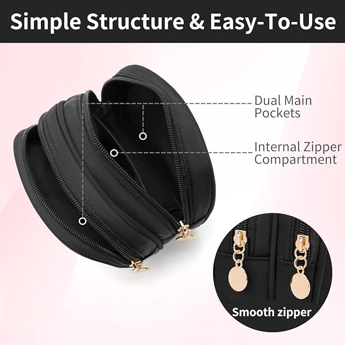 Small Makeup Pouch, Double Zipper Cosmetic Bag, Travel Makeup Bag, Cute Makeup Bag for Purse, Mini Toiletry Bag (Black)