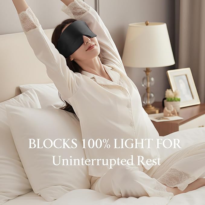 100% Mulberry Silk Sleep Mask, Eye Mask for Deep Sleep and Travel, Soft Breathable Eye Cover with Adjustable Headband (Black)
