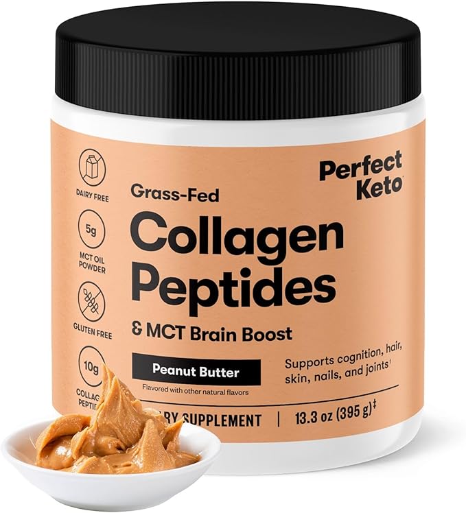 Perfect Keto Collagen Peptides Protein Powder with MCT Oil, Hydrolyzed Collagen, Type I & III Supplement, Gluten Free Grass Fed, Low Carb, Keto Coffee Creamer, Collagen for Women & Men, Peanut Butter
