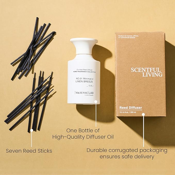 M&SENSE Reed Diffuser Set, 10.14 fl oz Large Reed Diffuser, Linen Breeze Scented with Natural Essential Oils, Long Lasting with 7 Sticks, Non-Toxic Home Fragrance Reed Diffuser for Bedroom, Bathroom