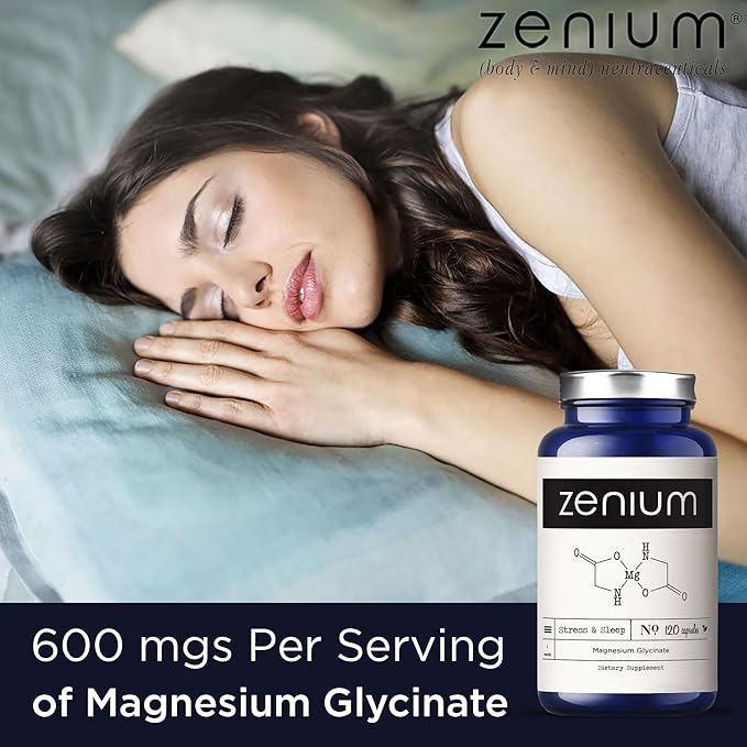 Zenium - Magnesium Glycinate for Sleep, Chelated, 600mg per Serving, 120 Capsules | High Absorption | Relieve Stress, Tension, Worry & Irritability | Calm Mind & Body | Ayurvedic | Natural Supplement