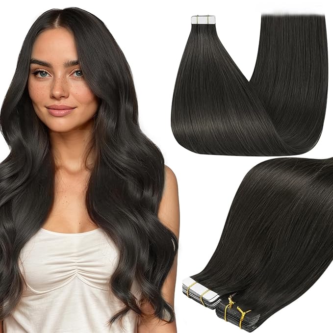 Full Shine Mocha Brown Tape in Hair Extensions Human Hair Color 1C Tape Hair Extensions Real Human Hair 16Inch Straight Soft Extension 50G 20Pcs Add Volume Thick End for Wedding