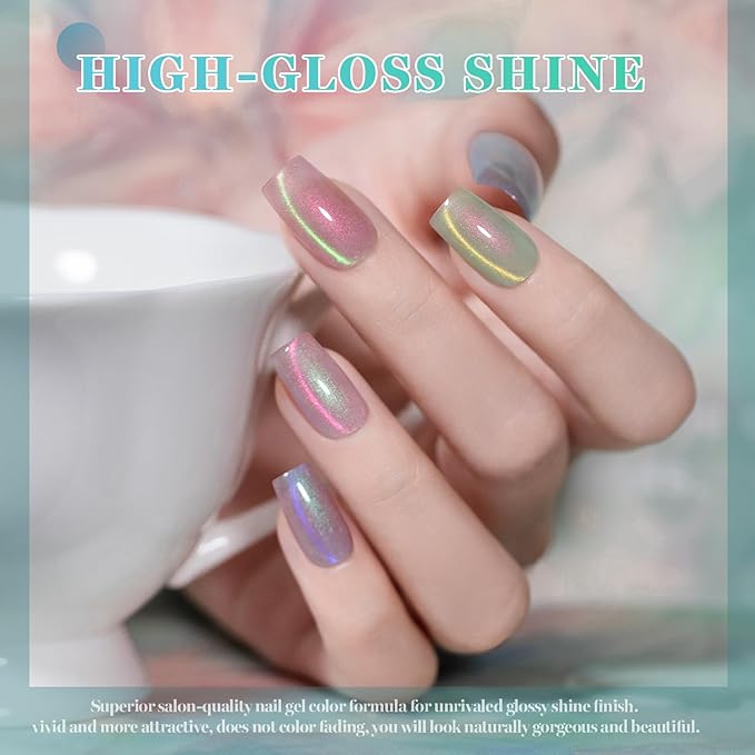 RARJSM Aurora Ocean Cat Eye Gel Nail Polish Set 6pcs Ceramic Duo Color Shimmer Universal Pink Orange Green Blue Purple Glitter Pearl Shell Mermaid Cateye Effect with Magnet Stick Curing Requires