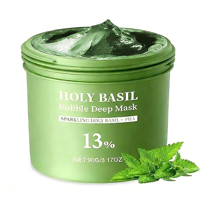 Holy Basil Bubble Deep Mask with Soothing Complex - Purifying & Gentle Oxygenating Clay Mask for Pores, Hydrating Formula for Sensitive Skin (90g / 3.17 oz) (Green)